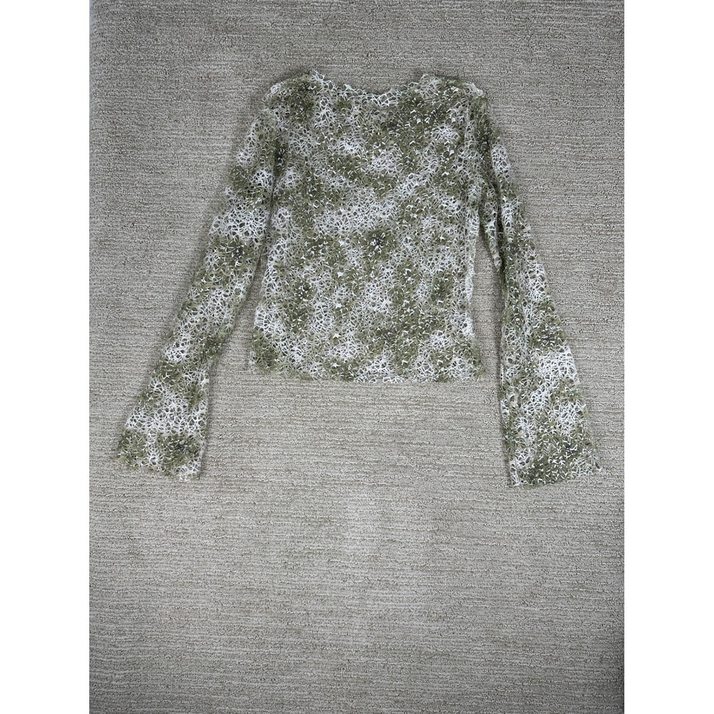 Womens Olive Green‎ Cream Open Knit Mesh Long Sleeve Top Web Crochet Size M